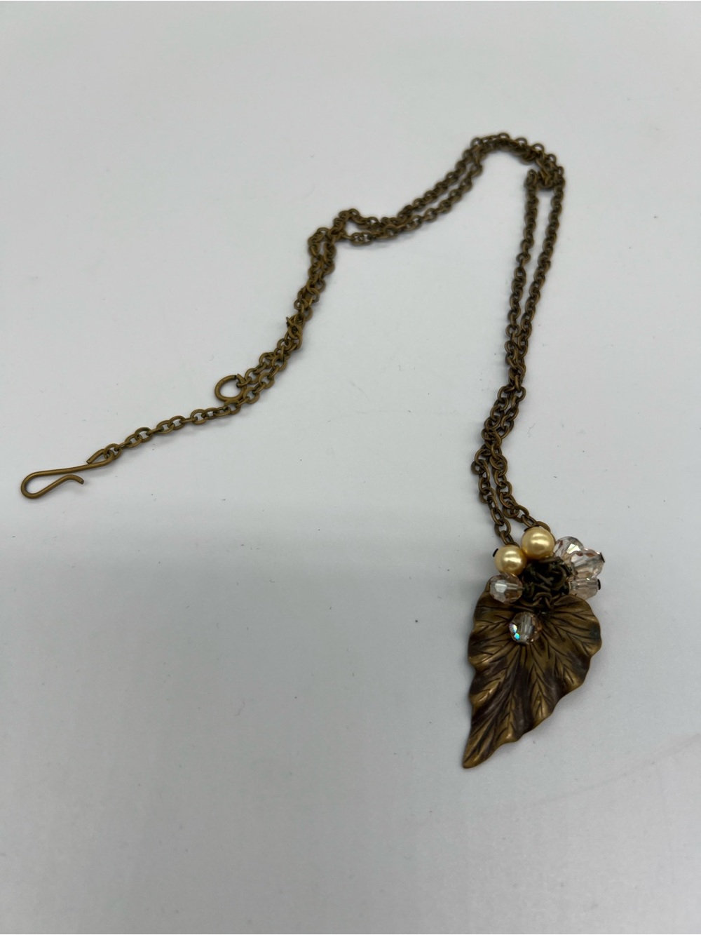 Antique Brass Leaf Pendant Necklace with Pearl and Crystal Accents - Picture 1 of 3